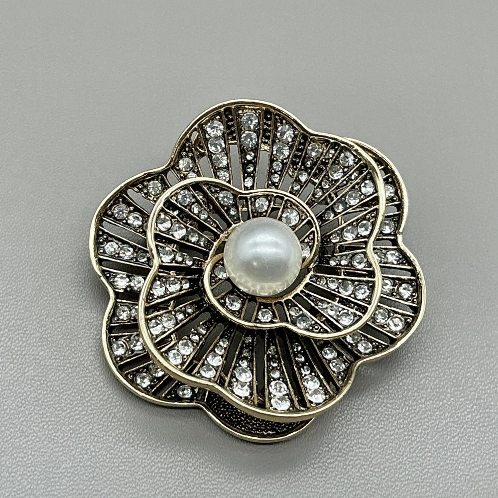 Napier Flower Brooch Pin Gold Tone Rhinestone Faux Pearl Layered Costume Jewelry